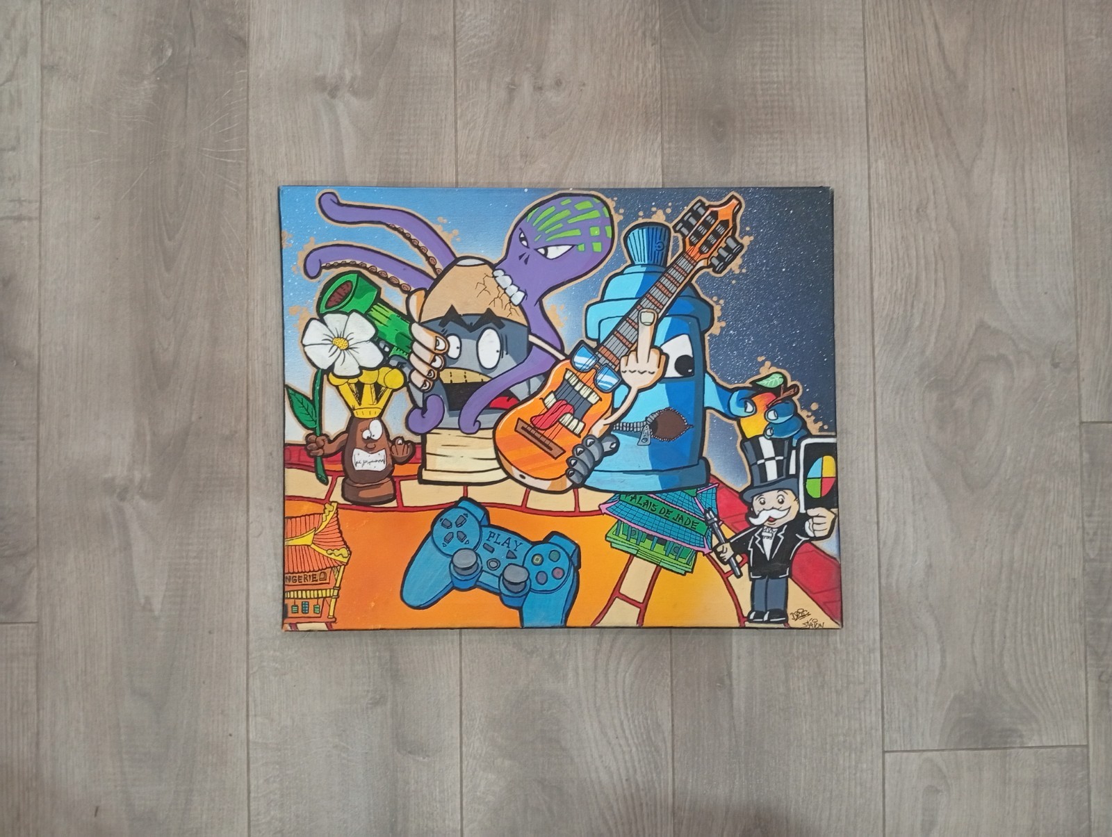 Tableau sur Toile Street Art Monopoly Graphiti Technique Mix